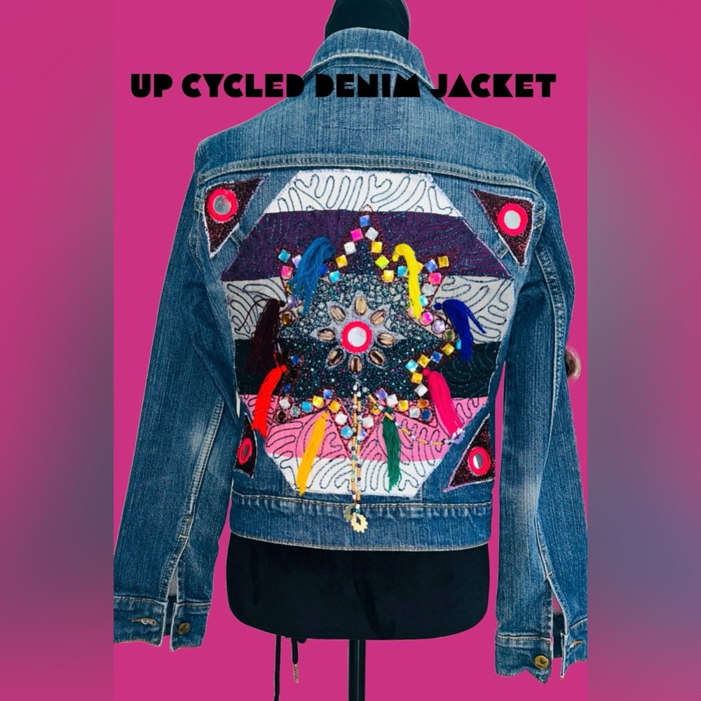 🌸Up-Cycled Embellished Cropped Denim‎ Jacket🌸
